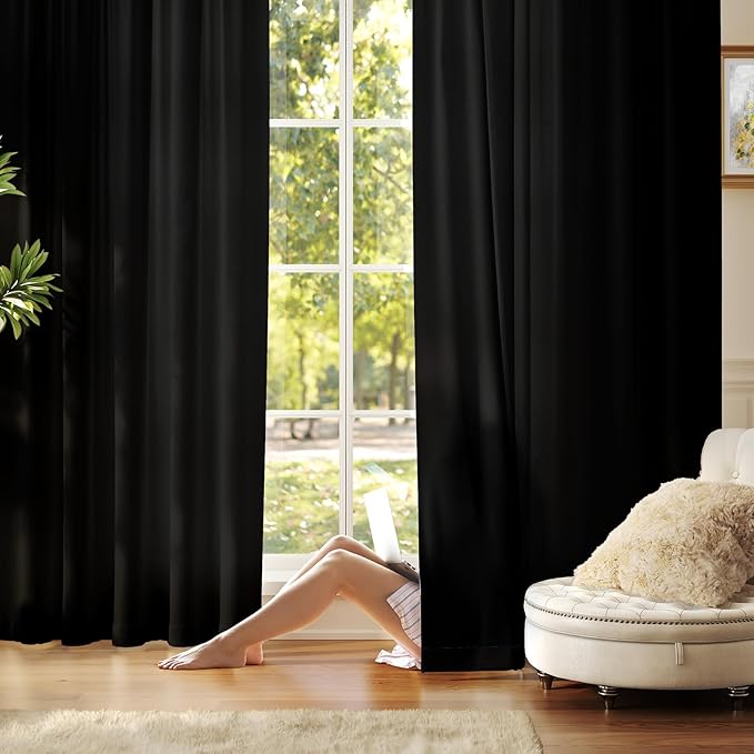 Anmao Non-See-Through Black Privacy Curtains for Living Room 63 Inch Length 2 Panels Set, Semi Sheer Light Filtering Window Curtains Drapes for Bedroom, 52 Inch Wide Each Panel