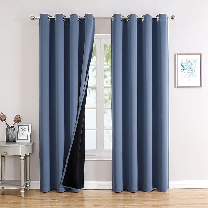 ChrisDowa 100% Blackout Curtains 120 inch Long for Bedroom with Black Liner, 2 Thick Layers Total Blackout Thermal Insulated Grommet Long Window Curtains 2 Panels Set (Stone Blue, 52 x 120 Inch)