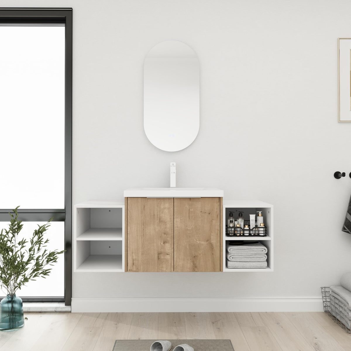 ARTCHIRLY 48'' Wall Mounted Bathroom Vanity, 48 Inch Floating Bathroom Vanity with Sink, Single Sink Cabinet Set, Modern Storage Cabinet, with Storage Shelf Combo, 00624IMO-00612GWHx2