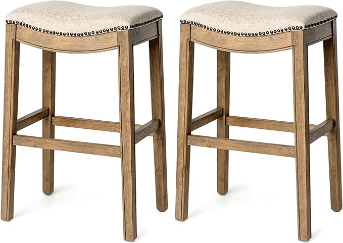 Maven Lane Adrien Backless Bar Stool – Set of 2 – 31 Inch Saddle Seat with Footrest – Natural Solid Wood Frame & Natural Fabric Upholstery – Ideal for Bars, Pub Tables & Tall Kitchen Counters