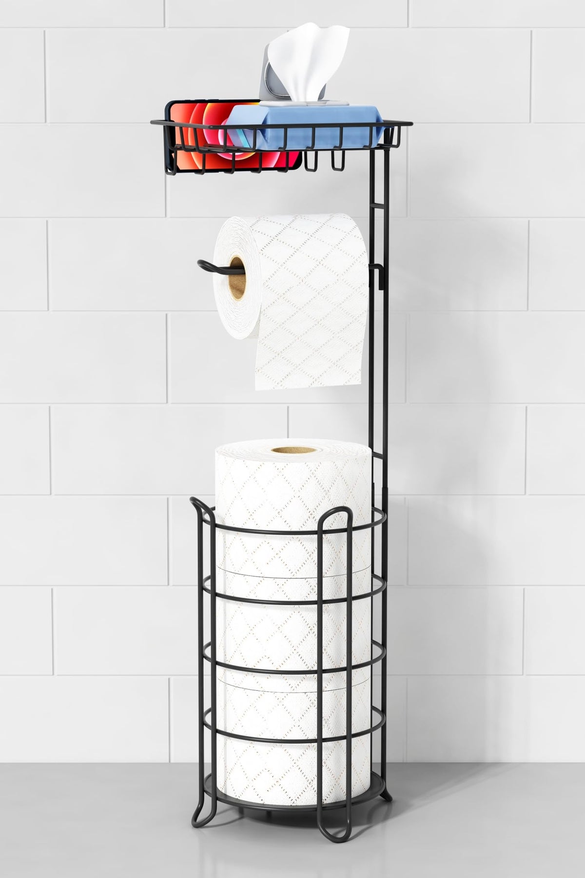 Goozii Matte Black Free Standing Toilet Paper Holder Stand with Shelf, Freestanding Bathroom Tissue Dispenser with Wipes Storage, Floor Toilet Paper Holder with Phone Tray for Large Mega Rolls