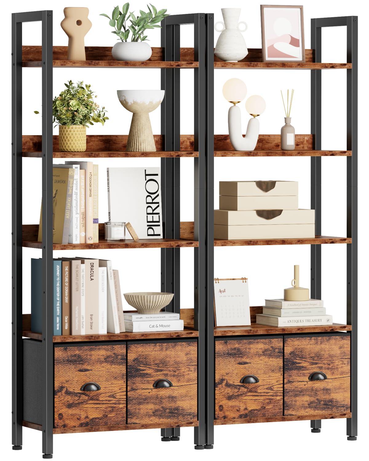Furologee 5-Tier Bookshelf Set of 2,Tall Bookcase with 2 Drawers and Shelves, Industrial Display Free Standing Shelf Units, Storage Rack Organizer for Bedroom, Living Room, Home Office, Rustic Brown