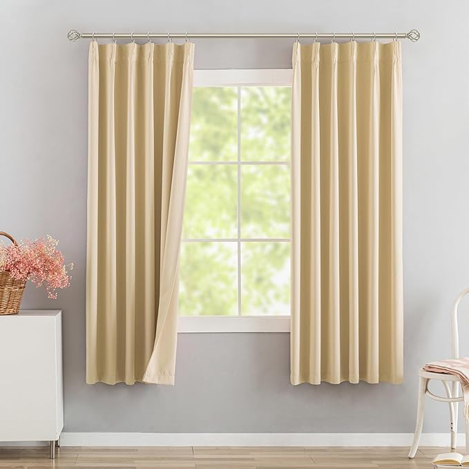 DONREN Beige Pinch Pleated Blackout Curtains with Hooks - 63 inch Length Room Darkening Thermal Insulated Short Window Curtain Panels for Bathroom Kids Room 2 Panel 40" Wx63 L