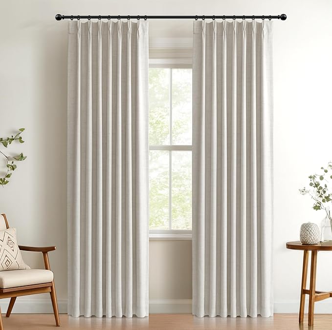 100% Blackout Shield Linen Look Textured Pinch Pleated Curtains Blackout Drapes 108 Inch Long 2 Panels Set, Faux Linen Blackout Curtains for Bedroom & Living Room, 40" W x 108" L, Beige