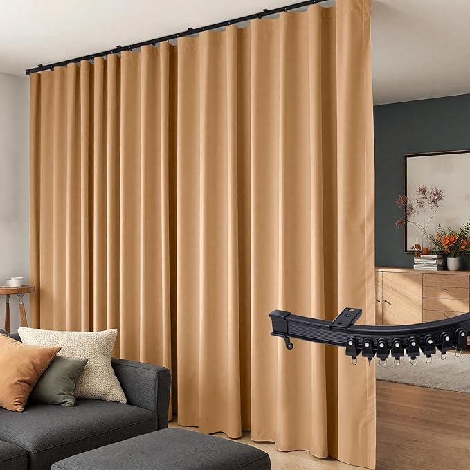 Room Divider Curtains Flexible Ceiling Tracks set Curtain track Ceiling Mount Blackout Curtain for Living Room Bedroom Ceiling Curtain Rod Privacy Dividers Panels W150 x H108 Khaki Drape & Black rail