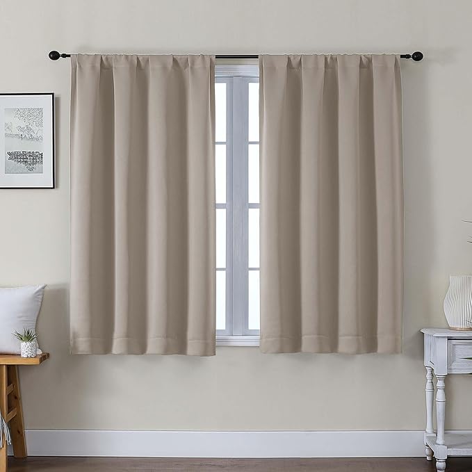Gwine Blackout Curtains for Bedroom 45 Inch Length, Thermal Insulated Room Darkening Short Curtains, Rod Pocket Drapes for Bathroom Basement Patio Cabinet, Each 40" Wx45 L, Stone