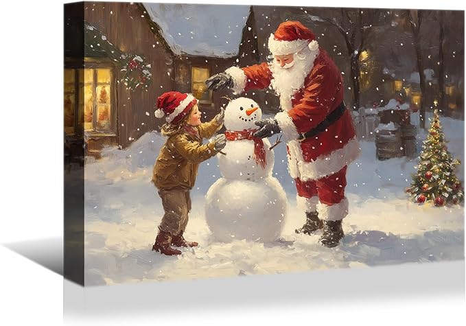 YONICA Christmas Wall Decor Santa Canvas Wall Art Home Decorations 36x24 Inches - Santa Pictures Santa Claus and Children Building a Snowman Christmas Pine Tree Prints Winter Painting Xmas Artworks