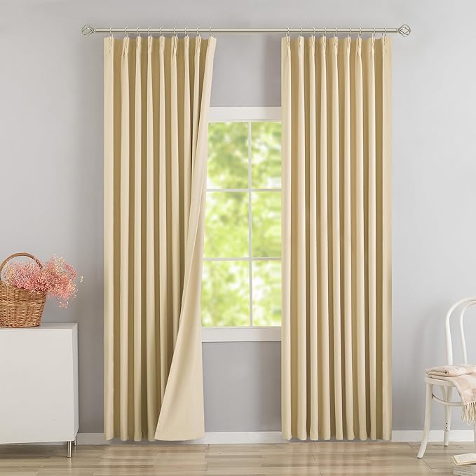 DONREN Beige 60 inch Wide Pinch Pleated Blackout Curtains with Hooks - 84 inch Length Room Darkening Thermal Insulated Window Curtain Panels for Patio Sliding Glass Door,Pack of 2