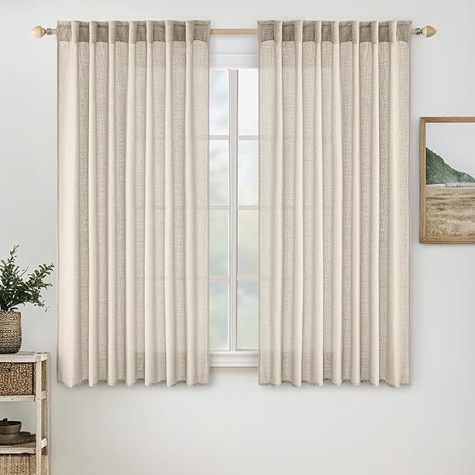 MIULEE Cream Linen Curtains 63 Inch Length 2 Panels for Bedroom Living Room, Soft Linen Textured Window Drapes Semi Sheer Light Filtering Back Tab Rod Pocket Farmhouse Modern Burlap Look Decor