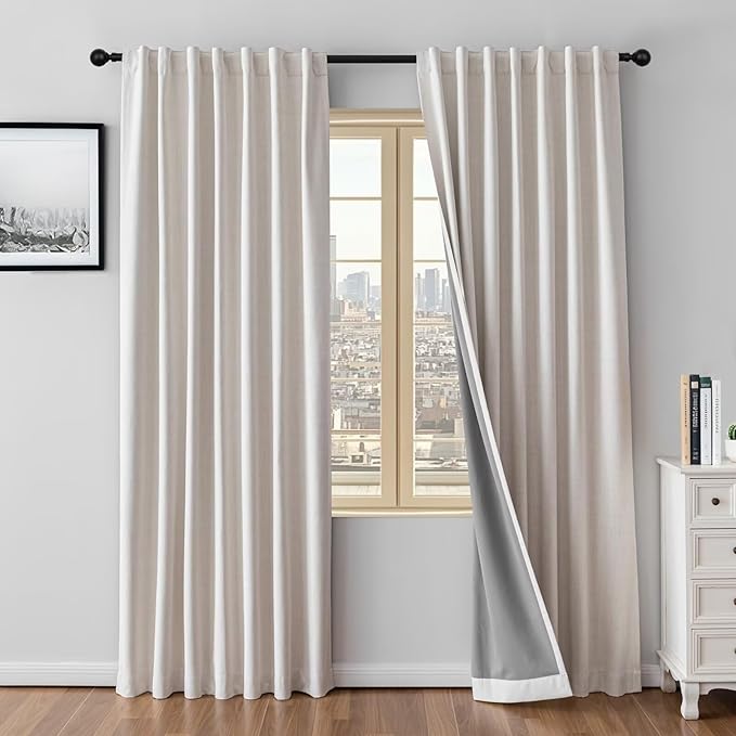 100% Blackout Curtains 108 inch Length 2 Panels Faux Linen Long Drapes for Bedroom Living Room Black Out Room Darkening Curtain Thermal Insulated Back Tab Rod Pocket(W37 x L108, Natural)