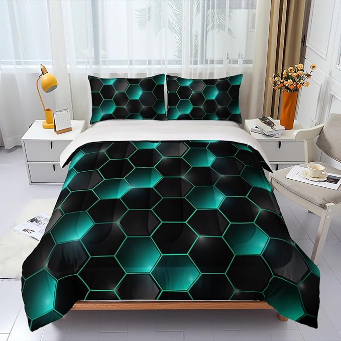 Geometric Black Green Neon Comforter Set,Light Honeycomb 3 Piece Bedding Set Twin for Teen Boys,Modern Bedding Quilt Set Geometry Decor,Microfiber Lightweight 1 Comforter 2 Pillowcases All Season