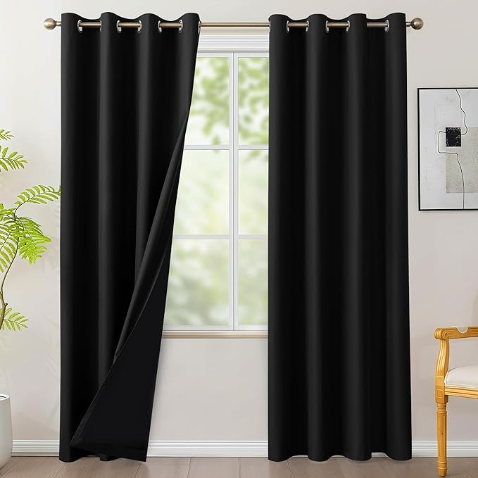 BONZER 100% Blackout Curtains 84 inches Long - 4 Panels Thermal Insulated Light Blocking Window Drapes, Single Layer Grommet Curtain with Black Laminated Backing for Bedroom/Living Room, Black