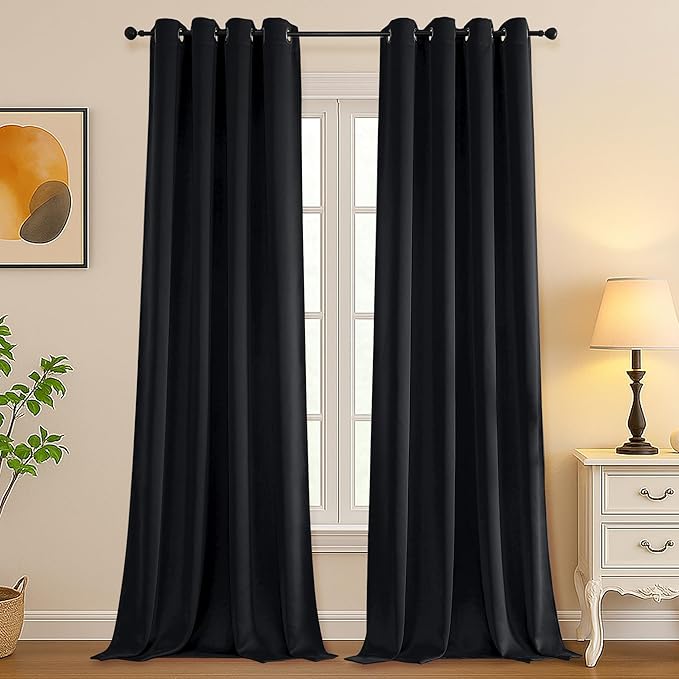 Simplebrand Halloween Black Blackout Curtains for Patio 108 Inches Long 2 Panels Set, Solid Thermal Insulated Room Darkening Grommet Window Treatment Curtains Blackout Drapes, W50 x L108 Inch