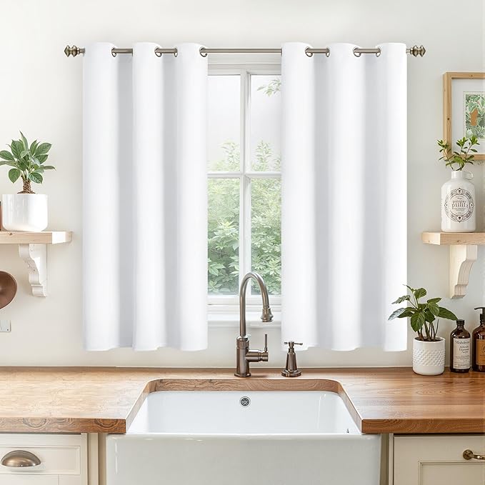 YoungsTex White Short Curtains 48 Inches Length - Grommet Small Window Drapes for Kitchen Bathroom Cafe Office Bedroom, 2 Panels, 42 x 48 Inch