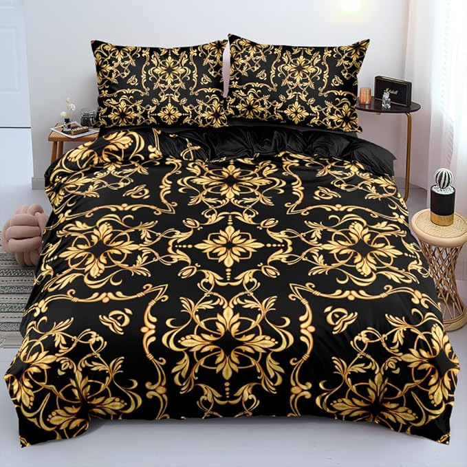 Golden Scrolls Print Duvet Cover and Pillow Shams Gold Leaves Deco for Girls and Boys Bedding Set Twin Size Black Color Bed Sets