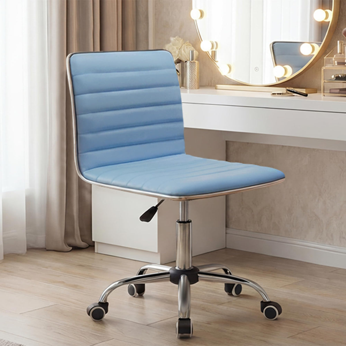 Furmax Vanity Office Desk Chair with Wheels, Armless Small Cute Leather Makeup Computer Task Chair Adjustable Height 360° Swivel (Light Blue)