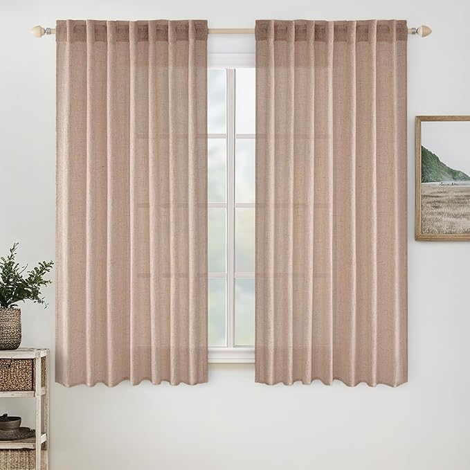 MIULEE Natural Beige Linen Curtains 63 Inch Length 2 Panels for Bedroom Living Room, Soft Linen Textured Window Drapes Semi Sheer Light Filtering Back Tab Rod Pocket Farmhouse Burlap Look Decor