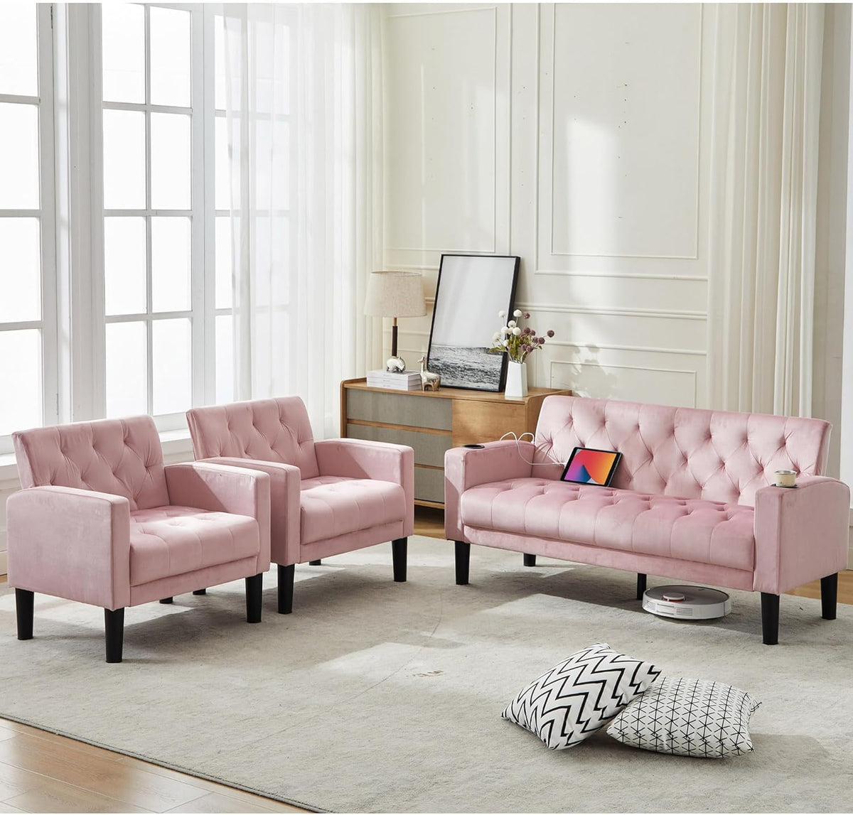 TYBOATLE Mid-Century Modern Tufted Pink Velvet Loveseat Sofa Set w/ 2 USB & 2 Cupholders, 3 Piece Living Room Furniture Sets, Small Love Seat Couches for Small Space Apartment Bedroom Office