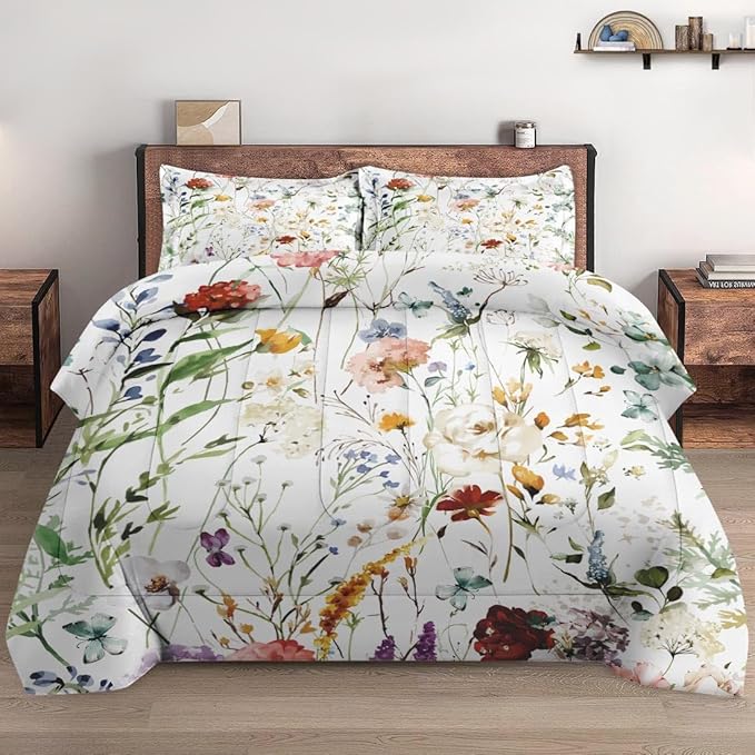 King Size Comforter Set with 2 Pillowcases, Wildflower Flower Floral 3 Pcs Bedding for Kids and Adults, Boho Watercolor Butterfly Soft Comforter Set for Bedroom Bed Decor