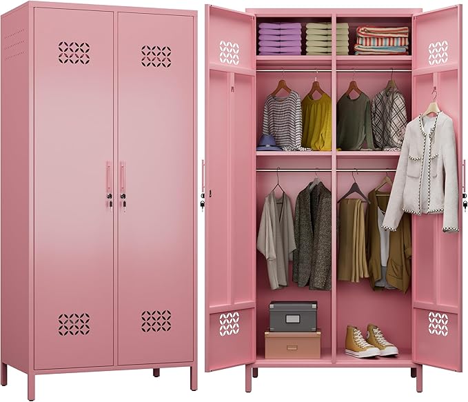 Aobabo Metal Wardrobe Cabinets with Lock, 2 Door Metal Closet wtih 4 Adjustable Shelves and 2 Hannging Rod, Lockable Locker Cabinet, Storage Locker for Home, Office,Pink, Assembly Required