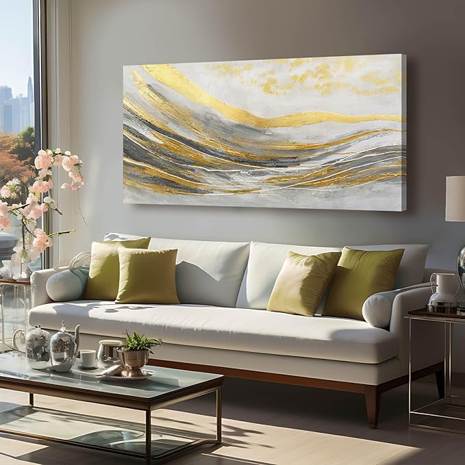 Artexist Abstract Line Wall Art Prints, Gold & Grey, 24"x48" Large Canvas Wall Pictures for Living Room, Bedroom, Office Decor