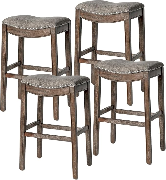 Maven Lane Adrien Backless Bar Stool – Set of 4 – 31 Inch Saddle Seat with Footrest – Brown Solid Wood Frame & Grey Fabric Upholstery – Ideal for Bars, Pub Tables & Tall Kitchen Counters