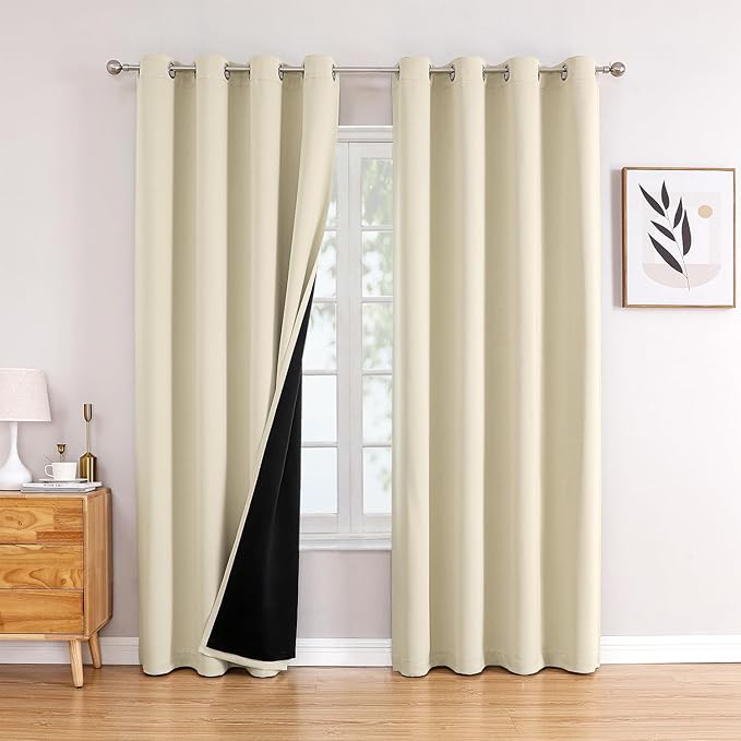 ChrisDowa 100% Blackout Curtains 95 inch Long for Bedroom with Black Liner, 2 Thick Layers Total Blackout Thermal Insulated Grommet Window Curtains 2 Panels Set (Light Beige, 52 x 95 Inch)