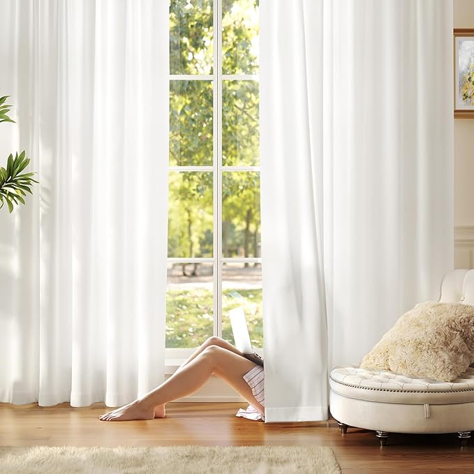 Anmao Non-See-Through Off White Privacy Semi Sheer Curtains for Living Room 120 Inch Length 2 Panels Set, Light Filtering That Let Light in Rod Pocket Window Drapes for Bedroom, 52Wx120L, Ivory White