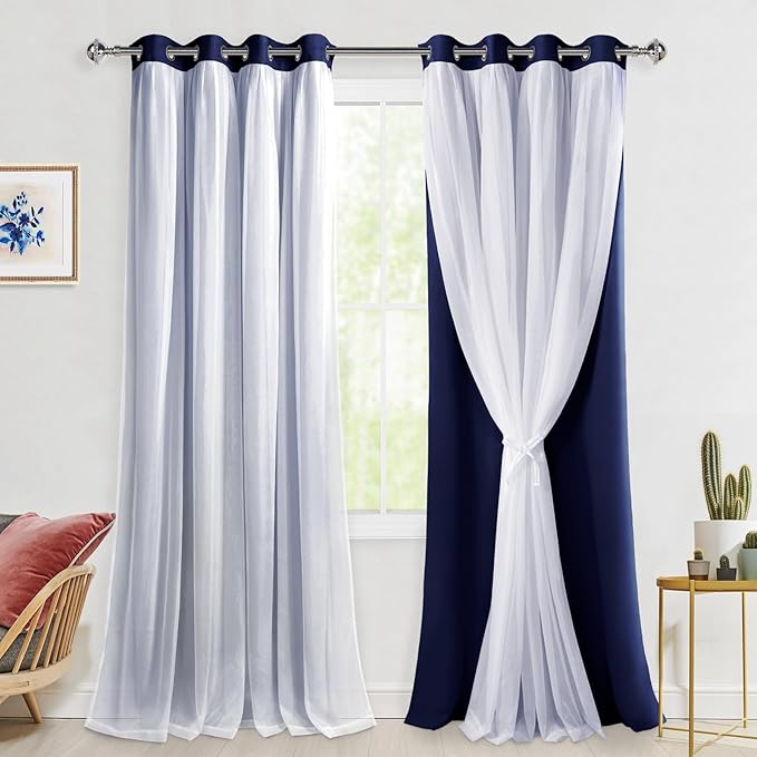 Hiasan Blackout Curtains with White Sheer Overlay, Double Layer Mix & Match Thermal Insulated Grommet Window Curtains for Bedroom, Living Room, 2 Drape Panels with Tiebacks, Navy Blue, 52W X 96L