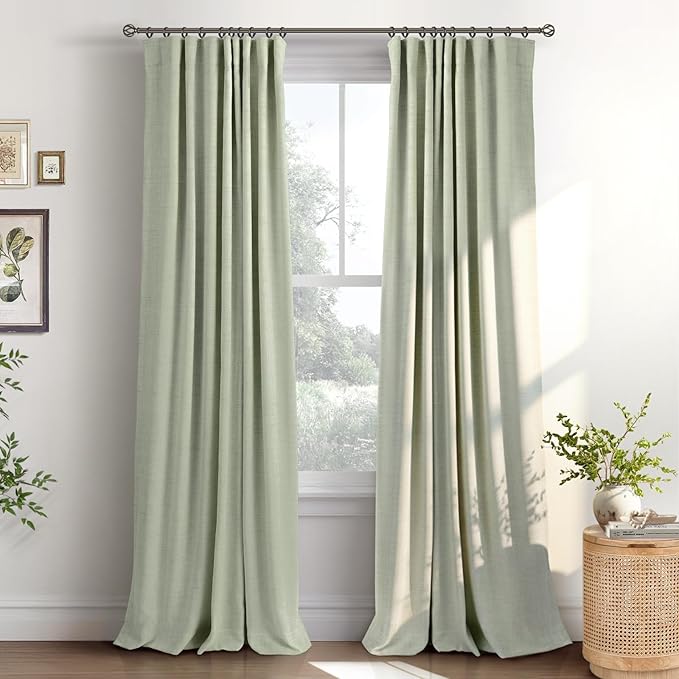 INOVADAY 100% Blackout Curtains for Bedroom, Black Out Curtains 108 Inch Long, Clip Rings Linen Blackout Drapes, Thermal Insulated Room Darkening for Living Room, 2 Panels - Sage,W50xL108