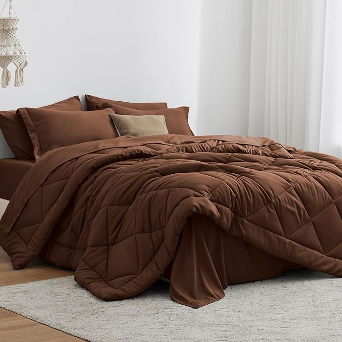 Love's cabin King Size Comforter Set Brown, 7 Pieces King Bed in a Bag, All Season Bedding Sets with 1 Comforter, 1 Flat Sheet, 1 Fitted Sheet, 2 Pillowcase and 2 Pillow Sham