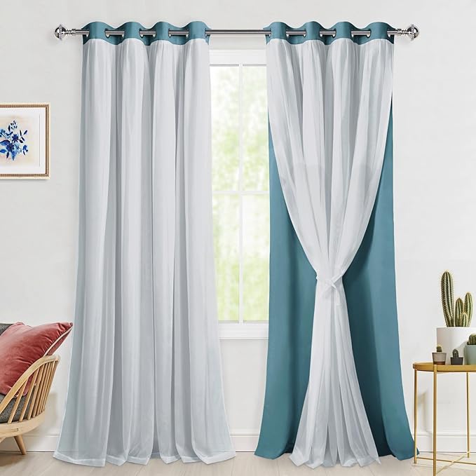 Hiasan Extra Long Blackout Curtains with Sheer Overlay Thermal Insulated Window Curtains for Bedroom Living Room, 2 Panels with Tiebacks,Stone Blue, 52W X 108L