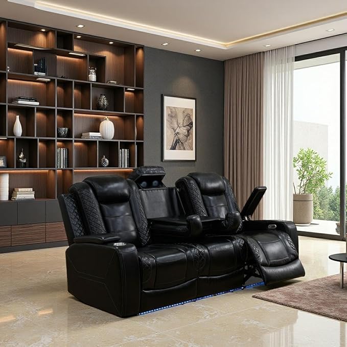 Leather Reclining Sofa Set, Power Recliner Sofa Sectional Couches with Drop-Down Table, Living Room Furniture, Reclining Sofa with Cup Holders/Storage Console for House(Black)