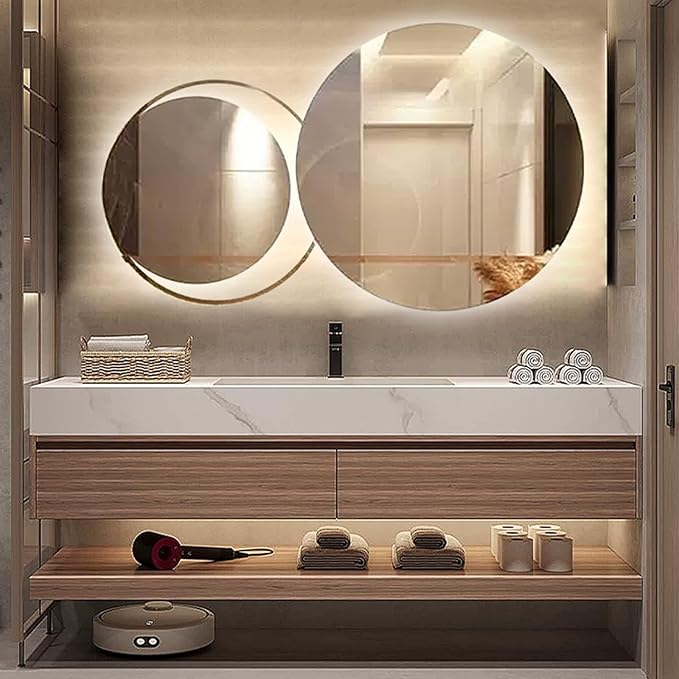 Floating Wood Bathroom Vanity - 2 Large Deep Drawer & Marble Countertop & Open Shelf | Led Mirror, Bathroom Vanity with Sink (56'')