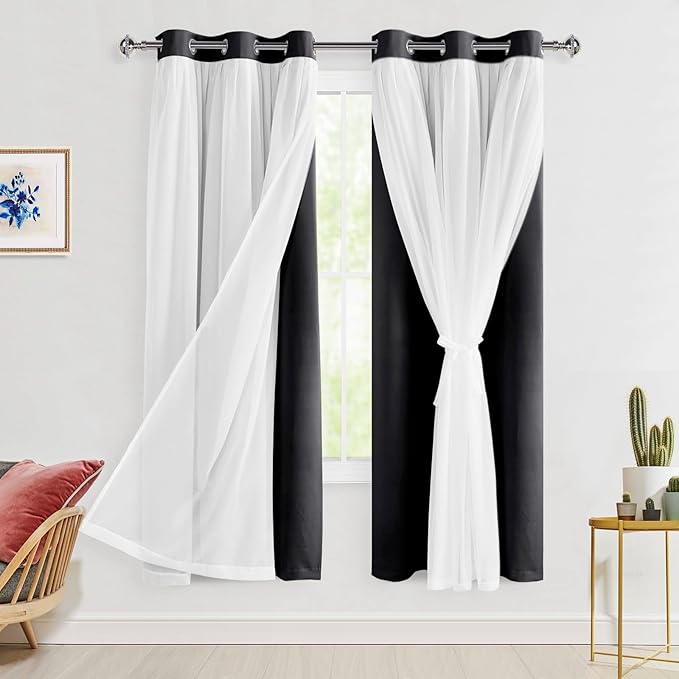 Hiasan Blackout Curtains with Sheer Overlay, Grommet Thermal Insulated Privacy Mix and Match Double Layer Window Curtains for Girls Bedroom, Living Room, 2 Drape Panels with Tiebacks, Black, 42W X 63L