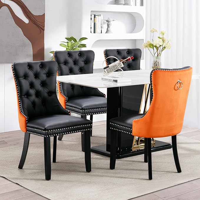 SoarFlash Leather Dining Chairs Set of 4, Tall Back Side Chair, Modern Upholstered Side Chair with Button Back Ring, Solid Wood Legs (Black&Orange)