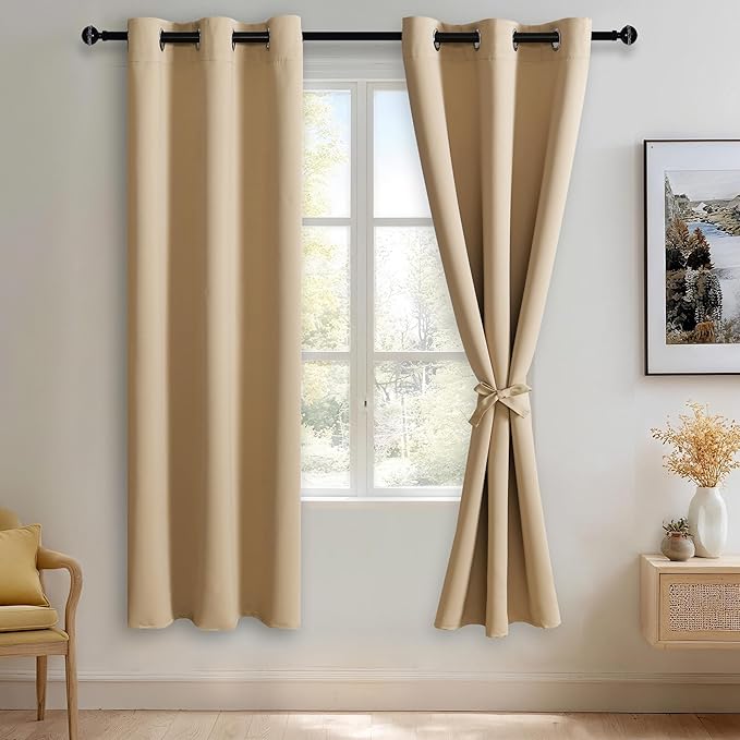 JIUZHEN Beige Blackout Curtains for Bedroom - Light Blocking and Noise Reducing Grommet Curtains for Living Room Darkening Curtains, Set of 2 Window Curtain Panels, 38 x 72 Inch Length