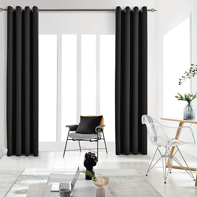 Blackout Curtains for Bedroom Thermal Insulated Light Blocking Room Darkening Curtains Solid Grommet Window Drapes for Living Room, Set of 2 Curtain Panels 62 W x 106 L inch Long Black