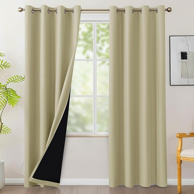 BONZER 100% Blackout Curtains Thermal Insulated - Light Blocking Window Drapes with Black Laminated Backing, Privacy Protection Single Layer for Bedroom/Living Room, 54 x 84 Inch, Beige, 2 Panels