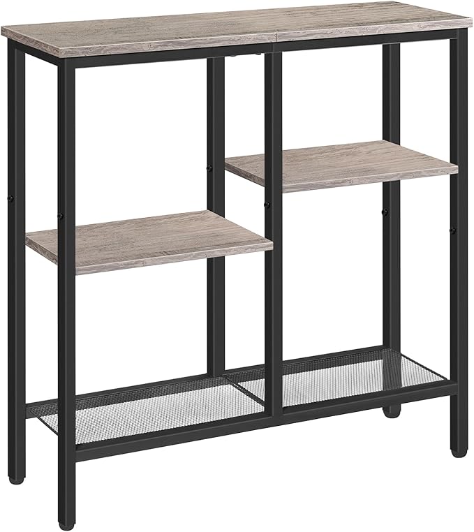 HOOBRO Narrow Console Table, Sofa Table, 4-Tier Industrial Entryway Table with Metal Mesh Shelf, Hallway Table with Adjustable Feet, for Entryway, Living Room, Hallway, Greige and Black BG79XG01