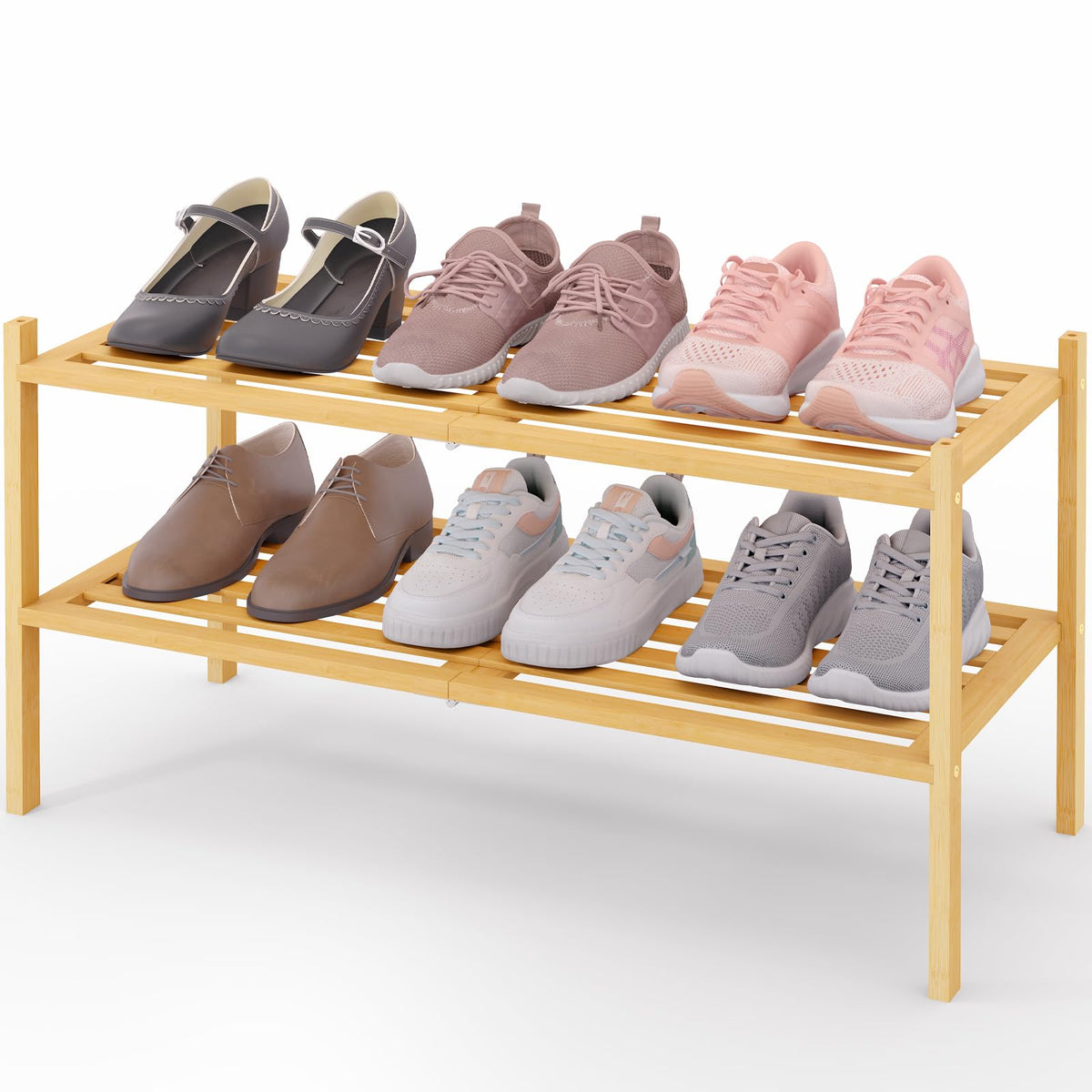 Smiry Bamboo Shoe Rack, 5 Horizontal Slats, 2 Tier - 26.8" Wide, Natural