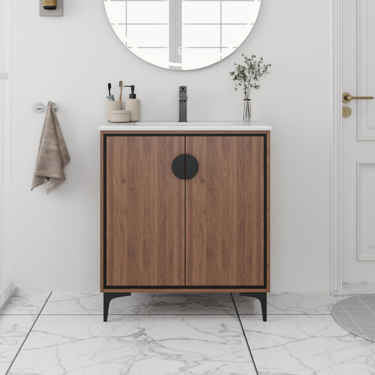 30 Inch Freestanding Bathroom Vanity with Sink,Walnut Wood & Metal Legs