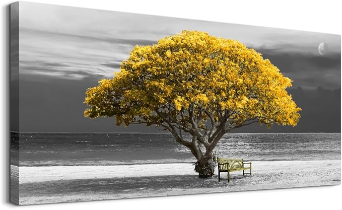 wall art for living room Decorations Photo Prints - panoramic black and white with yellow trees The moon scenery - Modern Home Decor The room Stretched and Framed Ready to Hang artwork 20X40inches