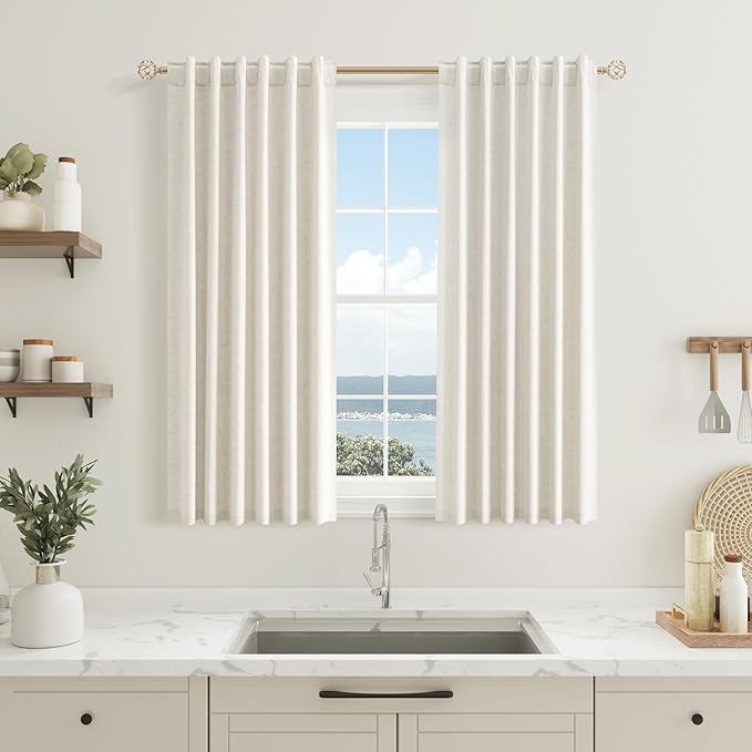 Guken 100% Blackout Cream Linen Curtains 54 Inch Wide by 38 Inch 2 Panels Set for Living Room Bedroom Back Tab Thermal Insulated Black Out Linen Drapes Room Darkening Window Curtains
