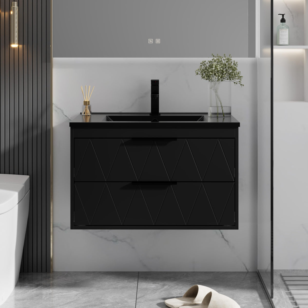 eclife 30" Floating Bathroom Vanity with Sink Combo, Modern Wall-Mounted Vanities Cabinet W/Decor Lines, Soft-Closing Drawers, Single Black Sink, Faucet & Drain, Black