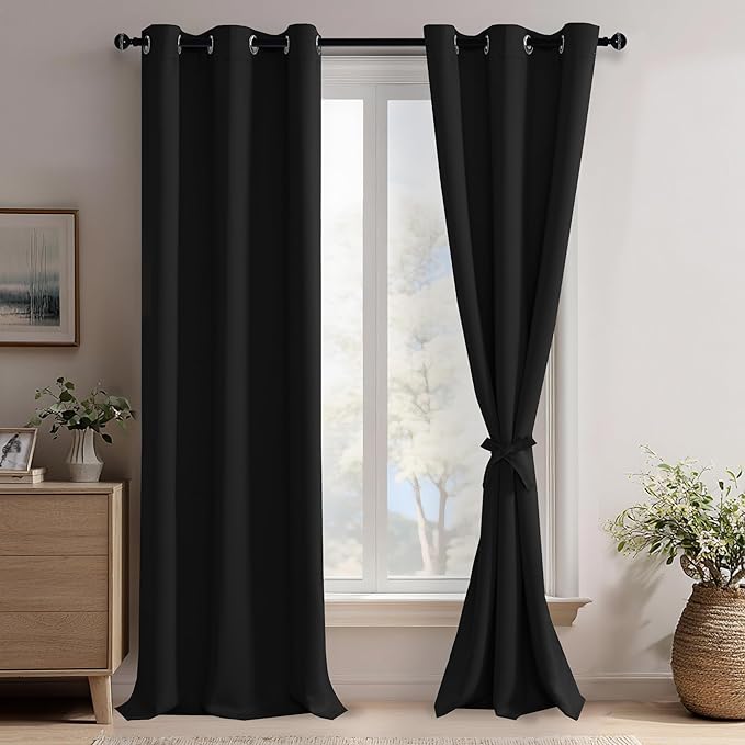 JIUZHEN Black Blackout Curtains for Bedroom - Light Blocking and Noise Reducing Grommet Curtains for Living Room Darkening Curtains, Set of 2 Window Curtain Panels, 42 x 96 Inch Length