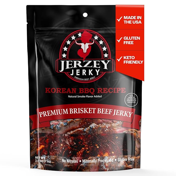Jerzey Jerky Korean BBQ Brisket Jerky 2.5oz – High Protein, Gluten Free and Healthy Beef Snacks with Rich, Authentic Flavor