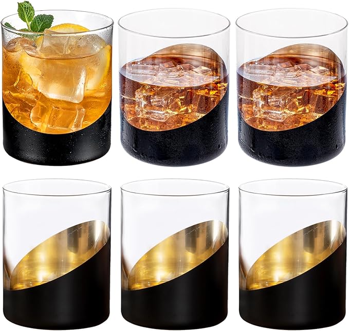 MyGift 12 oz Modern Cocktail Glasses with Slanted Matte Black and Gold Tone Plated Design, Angled Dipped Design Double Old Fashioned Lowball Whiskey Rocks Drinking Glass, Set of 6