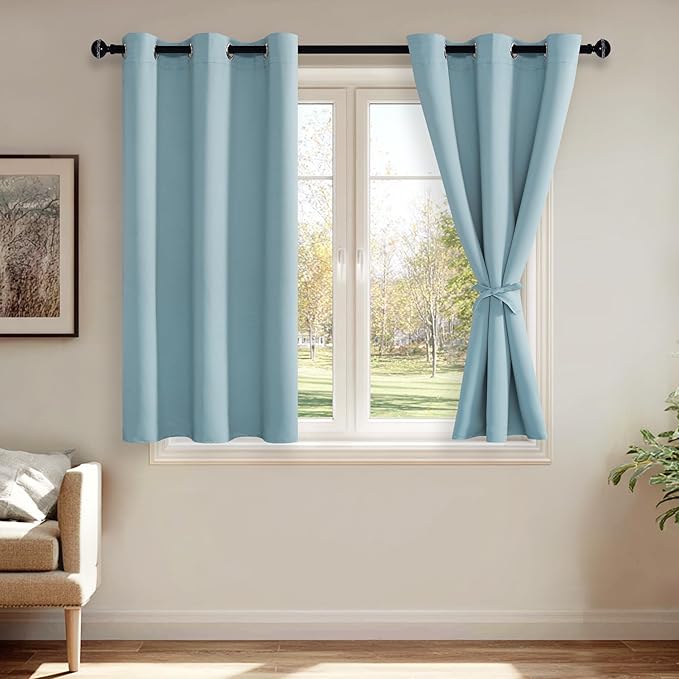 JIUZHEN Light Blue Blackout Curtains with Tiebacks Thermal Insulated, Light Blocking and Noise Reducing Grommet Curtains for and Living Room, Set of 2 Window Curtain Panels, 42 x 54 Inch Length
