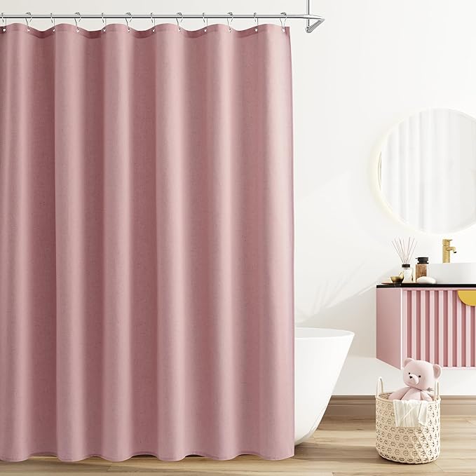 Naturoom Pink Linen Shower Curtain, Country Boho Farmhouse Bath Decor Shower Curtains Neutral Cloth Weighted Textured Fabric Bath Curtain Liner with Hooks, 72x72